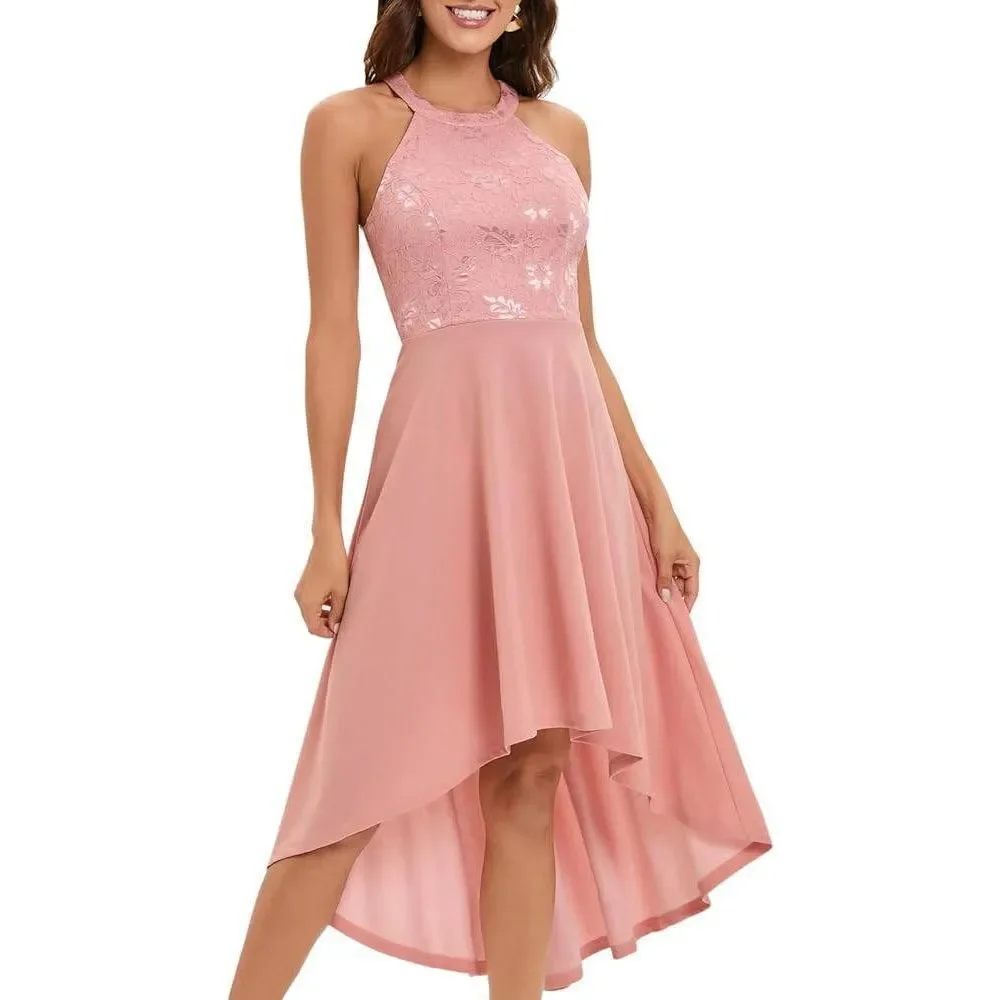 CBbonlinedress Women Size XL Pink High Low Halter Cocktail A-line Lace Dress